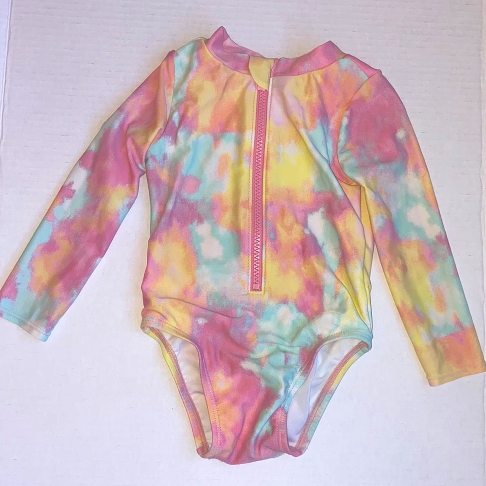 Old Navy Long sleeve zip up watercolor pastel pink, yellow & blue swimsuit